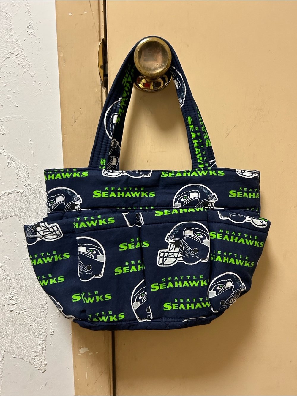 EUC Seattle Seahawks Hand Quilted Tote Bag with eight exterior pockets